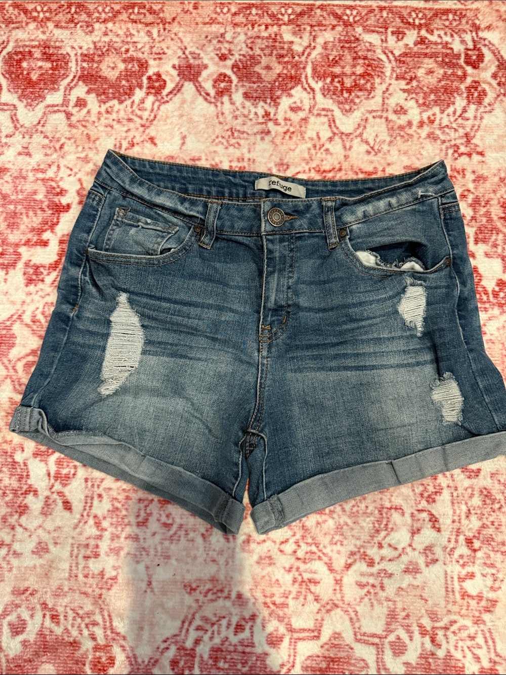 refuge Distressed Rolled Hem Denim Shorts in Blue